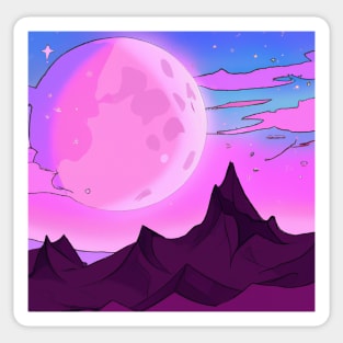 Mesmerizing Pink and Purple Moon Over Majestic Mountain Range Sticker